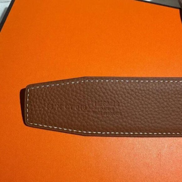Hermes H Gold and Tan Calfskin Leather Belt. - Picture 6 of 6